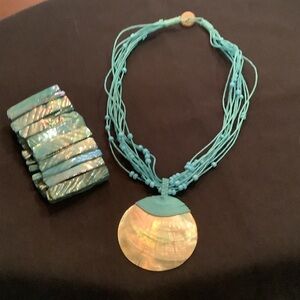 Teal Shell Pendant Multi-Strand Necklace and stretch Bracelet